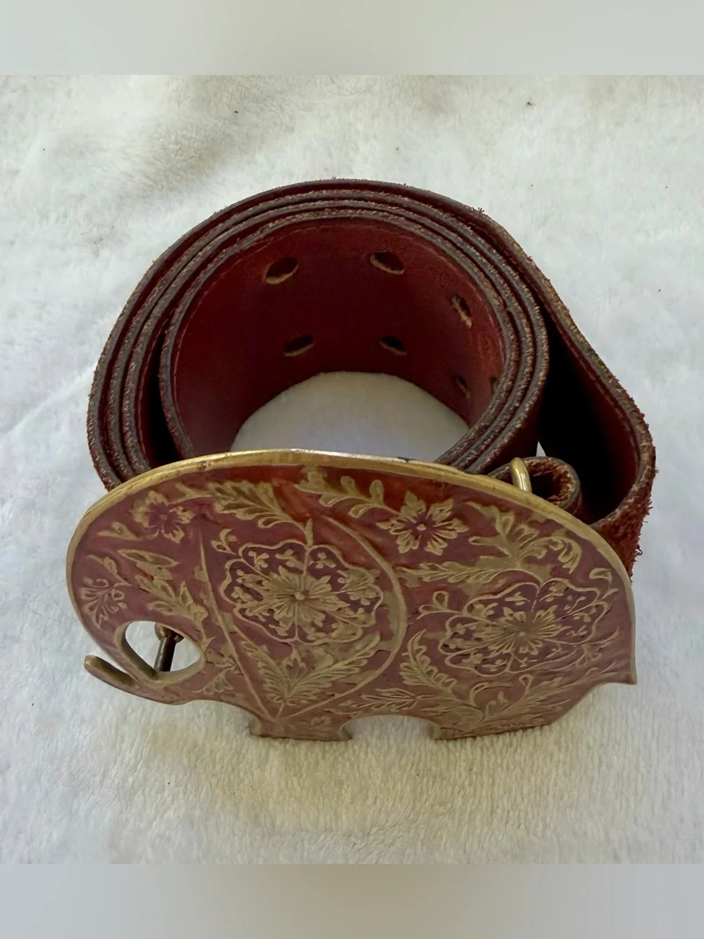 Enamel Brass Belt Buckle Elephant Floral Reddish Maroon Brown Detailed Vintage